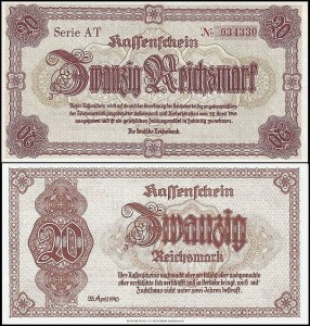 NIEMCY - SUDETY i DOLNY ŚLĄSK, 20 REICHSMARK 28.IV.1945, Pick 187