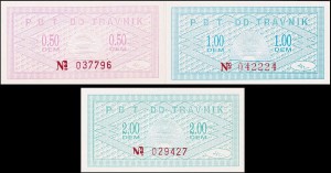 BOŚNIA I HERCEGOWINA, Zestaw 0,50 DEM + 1 DEM + 2 DEM (1992 - 1994), Bank Handlowy TRAVNIK,  Fritz 148-150