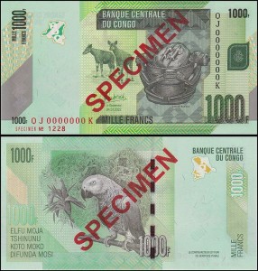 KONGO - REPUBLIKA, 1000 FRANCS 4.1.2022, SPECIMEN, numeracja  zerowa, Pick 101dS