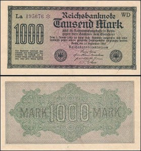 NIEMCY, 1000 MARK 1922, Nr fioletowy, Xx, 6 cyfr, rozeta, Znak firmowy WD, Pick 76d1
