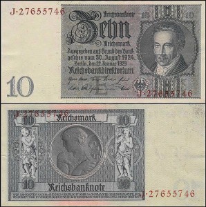 NIEMCY, 10 REICHSMARK 1929, poddruk - litera E, prefix J, Pick 180a
