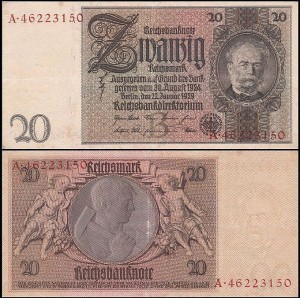 NIEMCY, 20 REICHSMARK 1929, poddruk - litera B, prefix A, Pick 181a