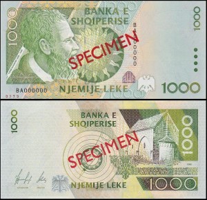 ALBANIA 1000 LEKE 1996 SPECIMEN, numeracja zerowa, Pick 65aS
