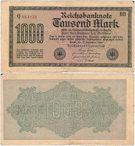 NIEMCY 1000 MARK 1922, znak fir. BB, nr czerwony X  6 cyfr, P.76b