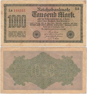 NIEMCY 1000 MARK 1922, znak fir. BB, nr czerwony Xx  6 cyfr, P.76b