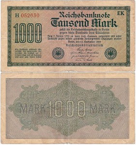 NIEMCY 1000 MARK 1922, znak fir. EK, nr czerwony X  6 cyfr, P.76b