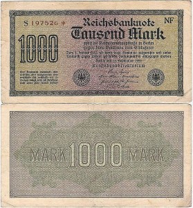 NIEMCY 1000 MARK 1922, znak fir. NF, nr czerwony X  6 cyfr rozeta, P.76c2