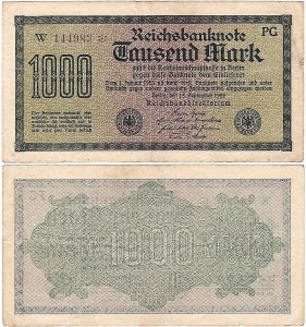NIEMCY 1000 MARK 1922, Nr fiol, X, 6 cyfr rozeta zn firm PG, P.76d1