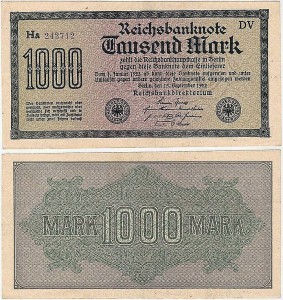 NIEMCY 1000 MARK 1922, Nr fiolet, Xx, 6 cyfr, zn firm DV, P.76d1