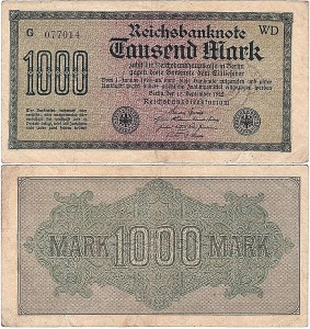 NIEMCY 1000 MARK 1922, Numer fioletowy, Xx, 6 cyfr, znak firmowy WD, P.76d1