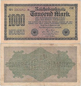 NIEMCY 1000 MARK 1922, Numer fioletowy, Xx, 6 cyfr, rozeta, Znak firmowy OE, P.76d1