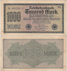 NIEMCY 1000 MARK 1922, Numer fioletowy, Xx, 6 cyfr, rozeta, Znak firmowy PG, P.76d1