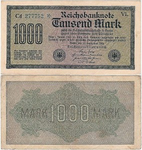 NIEMCY 1000 MARK 1922, Numer. ZielonoNiebieski, Xx, 6 cyfr, rozeta, P.76e2