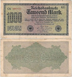 NIEMCY 1000 MARK 1922, znak Fir. KH, Xx, 6 cyfr, nr czerw., P.76f