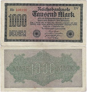 NIEMCY 1000 MARK 1922, nr.czerw, Xx, 6 cyfr, zn. Firm. DV , P.76g