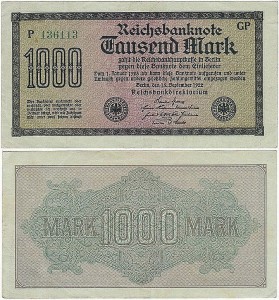 NIEMCY 1000 MARK 1922, znak fir. GP, nr zielony, X 6 cyfr, P.76h