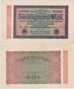 NIEMCY, 20000 MARK 20.II.1923, znak firmowy ND, rozeta po nr., Pick 85a