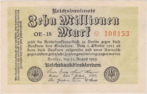 NIEMCY, 10000000 MARK 1923, znak firm. OE  rozeta przed nr., Pick 106a