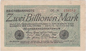 NIEMCY, ZWEI BILLIONEN MARK 5.XI.1923, znak firmowy OE, Pick 135a