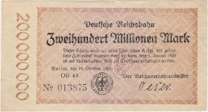 NIEMCY - DEUTSCHE REICHSBAHN, 200000000 MARK 10.10.1923, Berlin, OB44, No. 6 cyfr, Pick S1018(5)