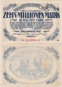 NIEMCY - PALATYNAT, 10000000 MAREK 11.VIII.1923, No 6 cyfr, lit. Grabowski, BAY 252b