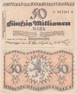 NIEMCY - PALATYNAT, 50000000 MAREK 1.X.1923, do 1.4.1924  No 6 cyfr, Keller, 4286c