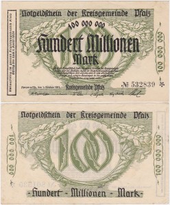 NIEMCY - PALATYNAT, 100000000 MAREK 1.X.1923 czarne do 1.4.1924, No 6 cyfr, K  4286d