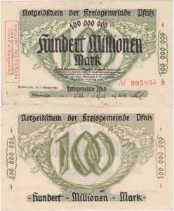NIEMCY - PALATYNAT, 100000000 MAREK 1.X.1923 czerwone do 1.4.1924, No 6 cyfr, K  4286d