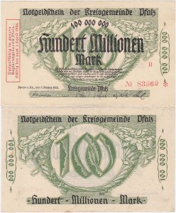 NIEMCY - PALATYNAT, 100000000 MAREK 1.X.1923 czerwone do 1.4.1924, No 5 cyfr, lit B, Keller 4286d
