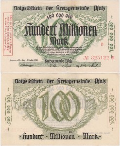 NIEMCY - PALATYNAT, 100000000 MAREK 1.X.1923 czerwone do 1.4.1924, No 6 cyfr, lit B, Keller 4286d