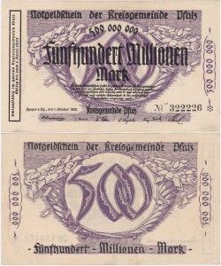 NIEMCY - PALATYNAT, 500000000 MAREK 1.X.1923 czarne do 1.4.1924, No 6 cyfr, K. 4286