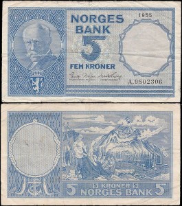 NORWEGIA 5 KRONER 1955, seria A, Pick 30a