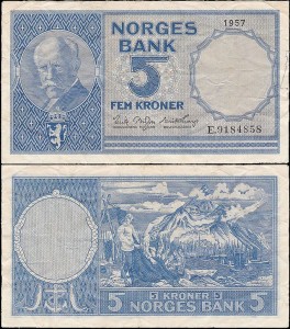 NORWEGIA 5 KRONER 1957, seria E, Pick 30c