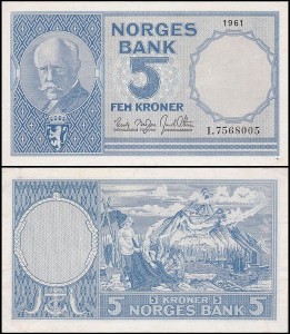 NORWEGIA 5 KRONER 1961, Pick 30g