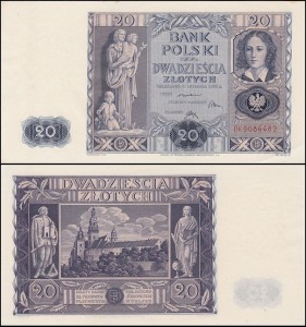 POLSKA, 20 ZŁOTYCH 1936, seria DK, Parch. 94