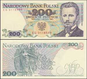 POLSKA, 200 ZŁOTYCH 1.12.1988, seria EG, Parch. 190ff