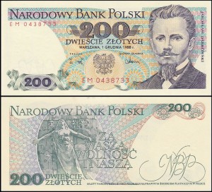 POLSKA, 200 ZŁOTYCH 1.12.1988, seria EM, Parch. 190ff