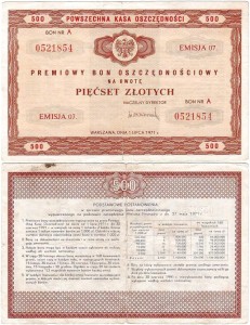 Premiowy Bon Oszczędnościowy, 500 Złotych 1.7.1971, Emisja 7, Seria A