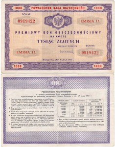 Premiowy Bon Oszczędnościowy, 1000 Złotych 1.7.1971, Emisja 13