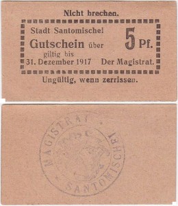 ZANIEMYŚL - SANTOMISCHEL 5 FENIGÓW do 31.XII.1917, szary, pieczątka na rw 