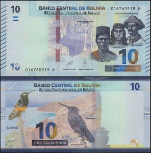 BOLIWIA 10 BOLIVIANOS (2018), seria B, Pick 248(2-2)
