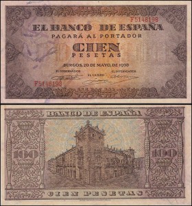 HISZPANIA, 100 PESETAS 1938, BURGOS, Pick 113a