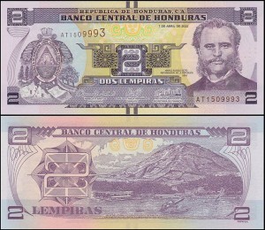 HONDURAS, 2 LEMPIRAS 2022,	drukarnia PWPW, Pick 97