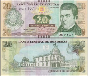 HONDURAS, 20 LEMPIRAS 2022, drukarnia PWPW, Pick 100
