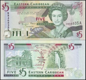 KARAIBY WSCHODNIE, ANTIGUA BARBUDA, 5 DOLLARS (1994) Pick 31a