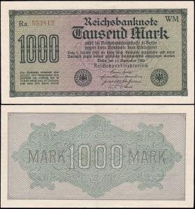 NIEMCY, 1000 MARK 1922, nr.czerw., Xx, 6 cyfr, znak fir.WM, Pick 76c2