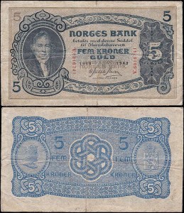 NORWEGIA 5 KRONER 1943 Pick 7c