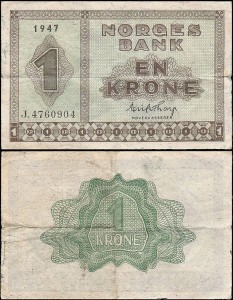 NORWEGIA, 1 KRONE 1947, Pick 15b
