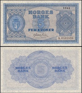 NORWEGIA 5 KRONER 1945, seria A, Pick 25a