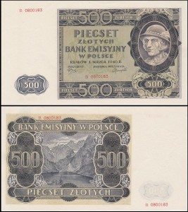 POLSKA, 500 ZŁOTYCH 1.3.1940, seria B, Parch. 155